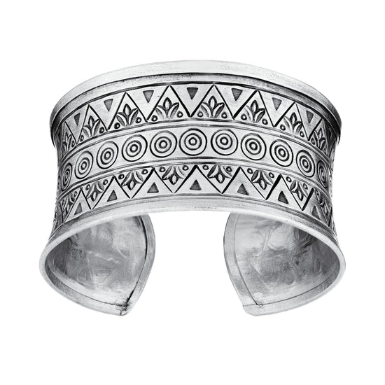 Hill Tribe Silver Wide Tribal Pattern Boho Concave Cuff Bangle