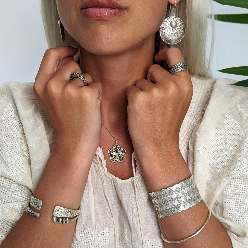 Karen Hill Tribe Leaf Engraved Cuff Bangle | Pure Silver Bracelet