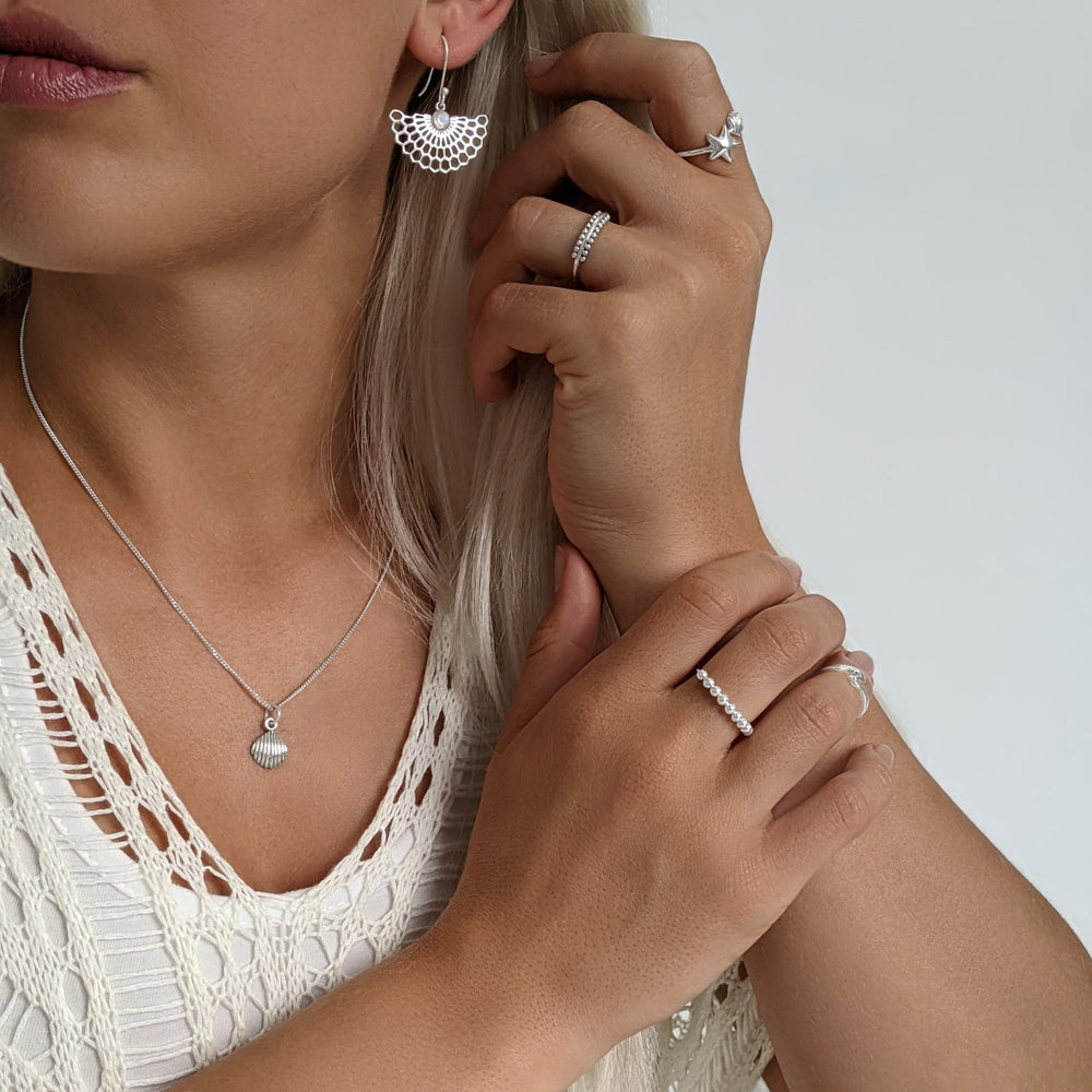
                  
                    Sterling Silver Fan Shaped Moonstone Dangle Earrings - Geometric Design
                  
                
