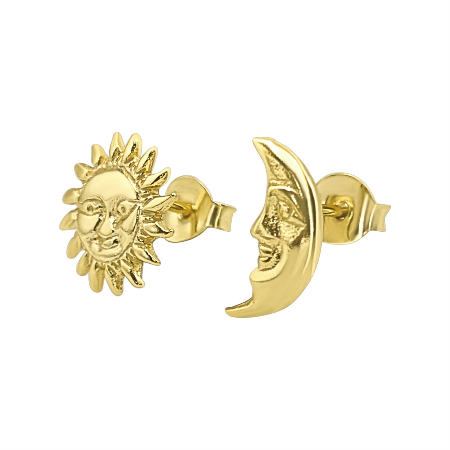 Gold-plated sun and moon mismatched earrings — asymmetric celestial studs in 925 sterling silver