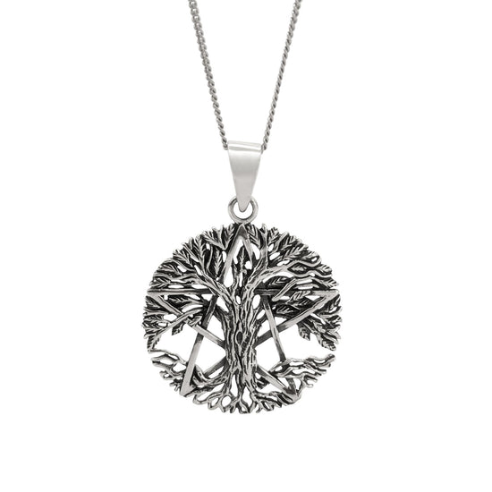 Sterling Silver Round Tree of Life Pendant - Wiccan Pentacle Necklace