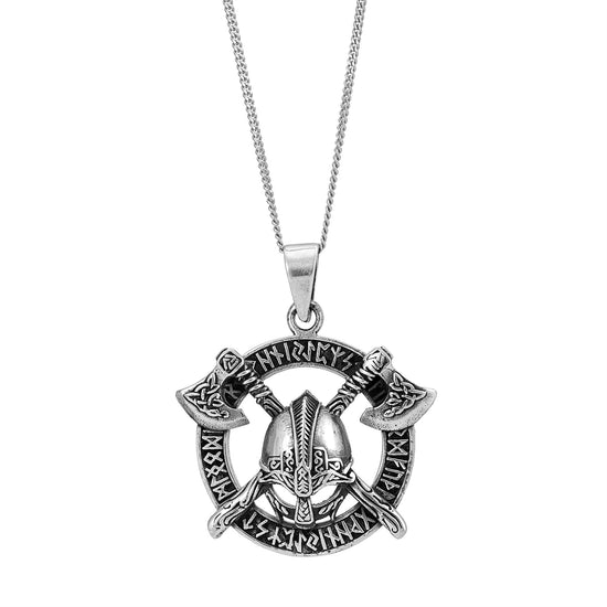Sterling Silver Large Viking Norse Helmet and Axe Pendant Necklace