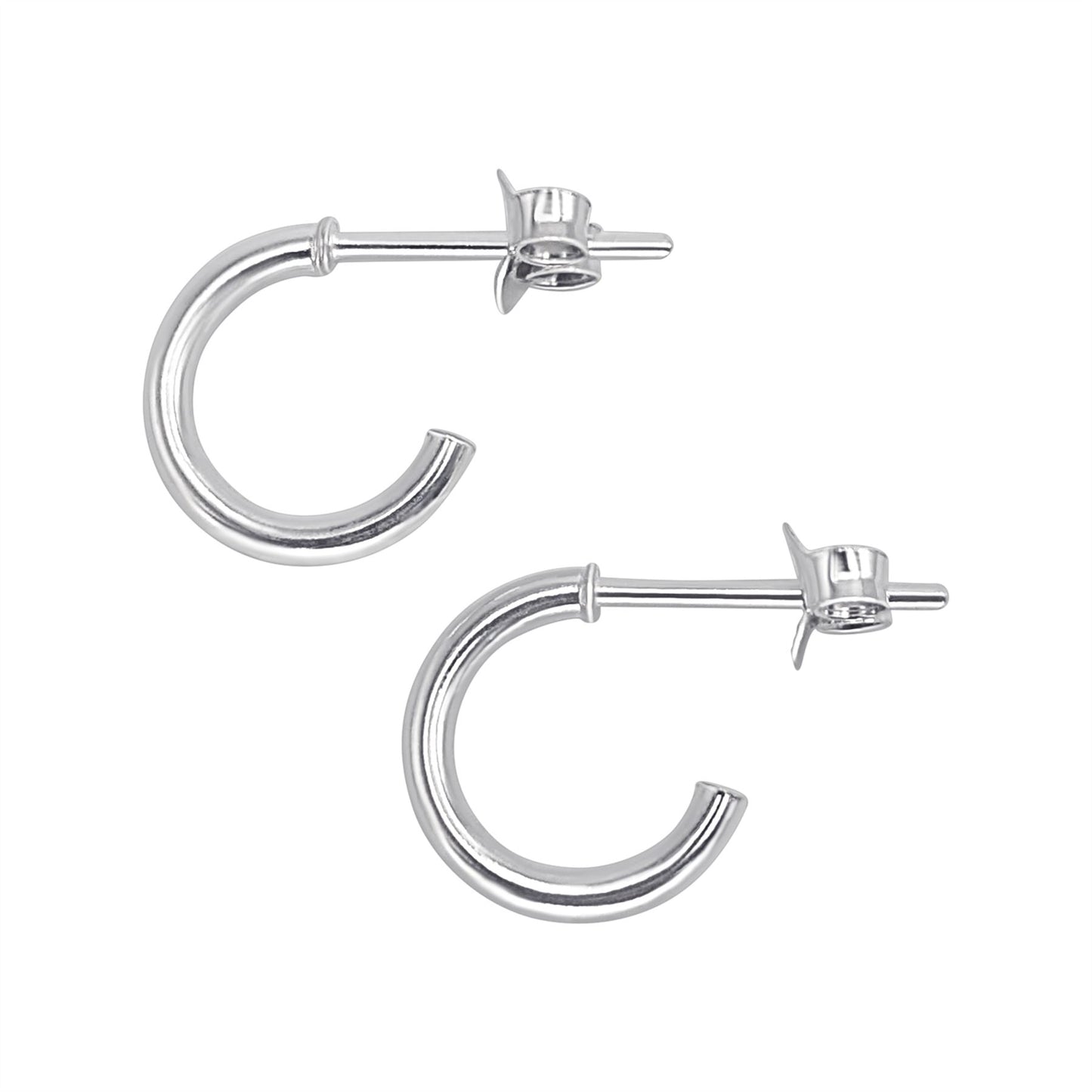 A pair of sterling silver huggie hoop earrings with a butterfly back closure, displayed against a white background.