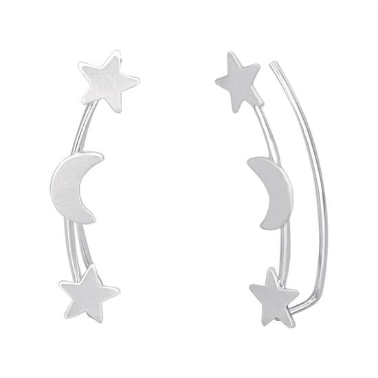 Sterling Silver Star and Crescent Moon Climber Earrings