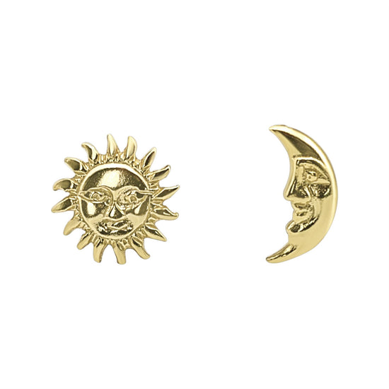 Mismatched sun and moon stud earrings in gold-plated 925 sterling silver — smiling sun and crescent moon studs