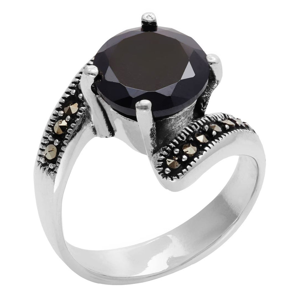 Sterling Silver Marcasite Black CZ Round Cut Bypass Ring
