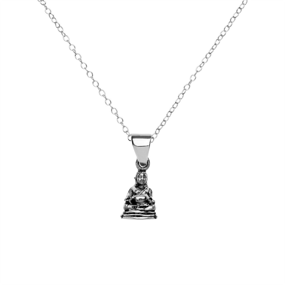 Sterling Silver Detailed Meditating Buddha Pendant Necklace Curb Chain