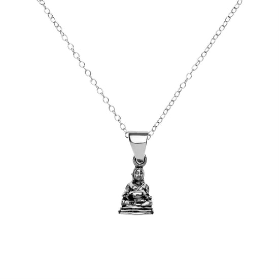 Sterling Silver Detailed Meditating Buddha Pendant Necklace Curb Chain