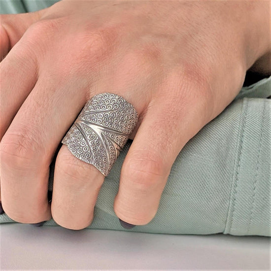 Hill Tribe Silver Tree-Shaped Ring - Wide Band Wraparound Design