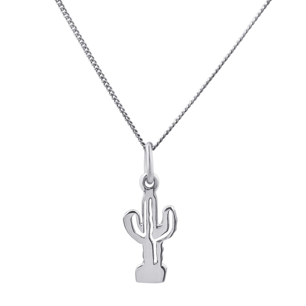 Sterling Silver Small Cactus Charm Pendant Curb Chain Necklace