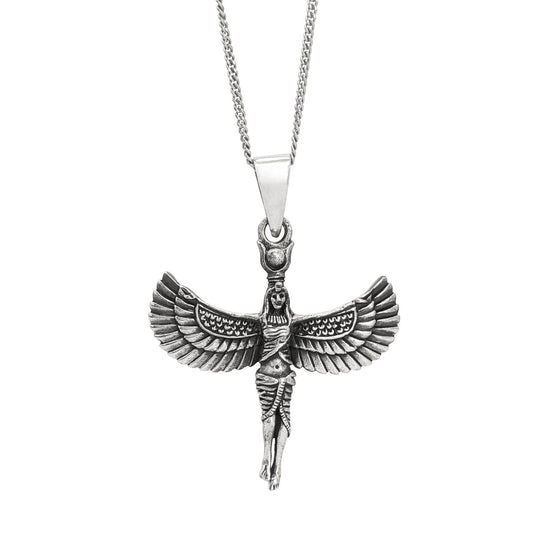 Sterling Silver Large Winged Isis Pendant - Egyptian Goddess Necklace