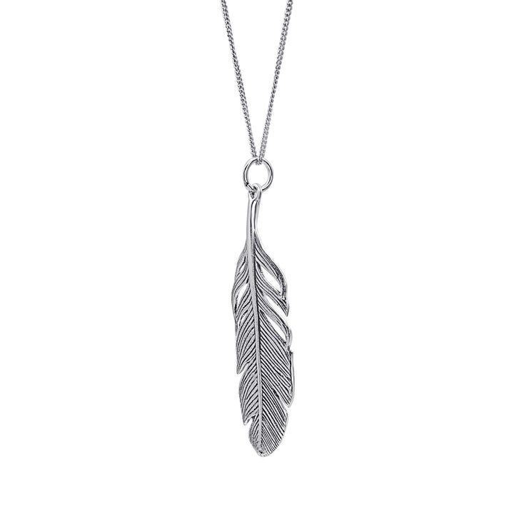 Close-up of textured feather pendant — 46mm leaf-like statement piece in 925 silver