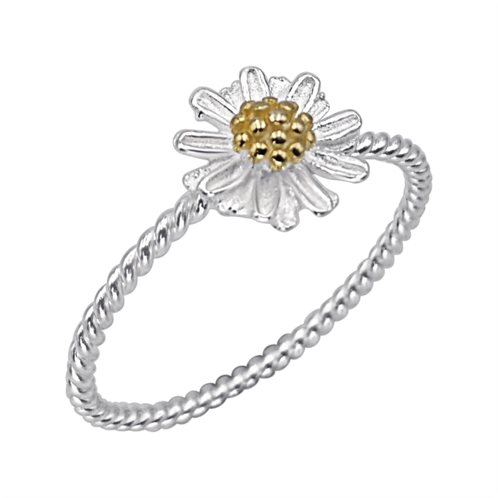 Gold Plated Sterling Silver Daisy Ring - Twisted Rope Friendship Band