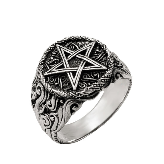 Sterling Silver Chunky Fire Flame Pentacle Signet Ring - Biker Style