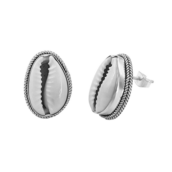 Sterling Silver Cowrie Natural Shell Stud Earrings - Bali Seashell Studs