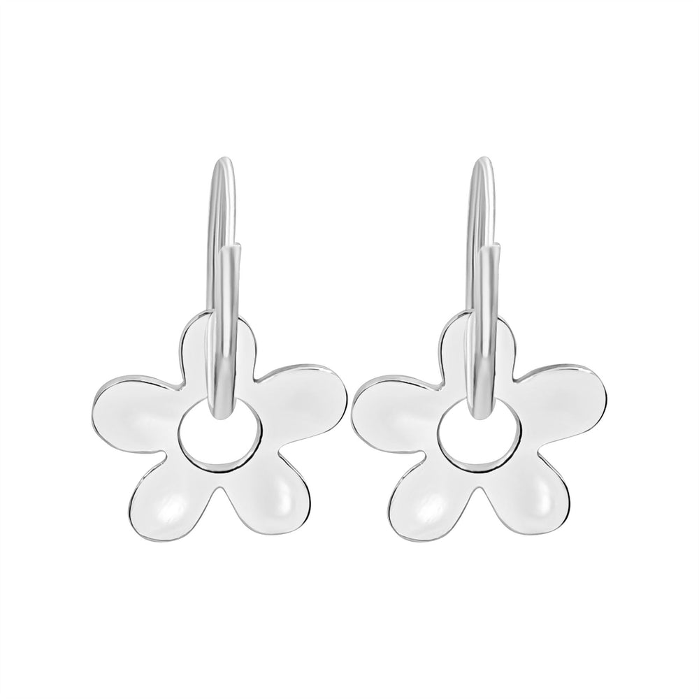 Sterling Silver 60s Flower Sleeper Hoop Earrings - Thin Tube Hoops