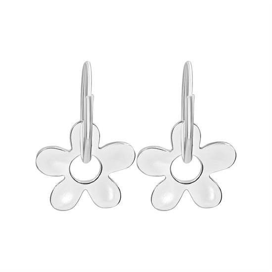 Sterling Silver 60s Flower Sleeper Hoop Earrings - Thin Tube Hoops