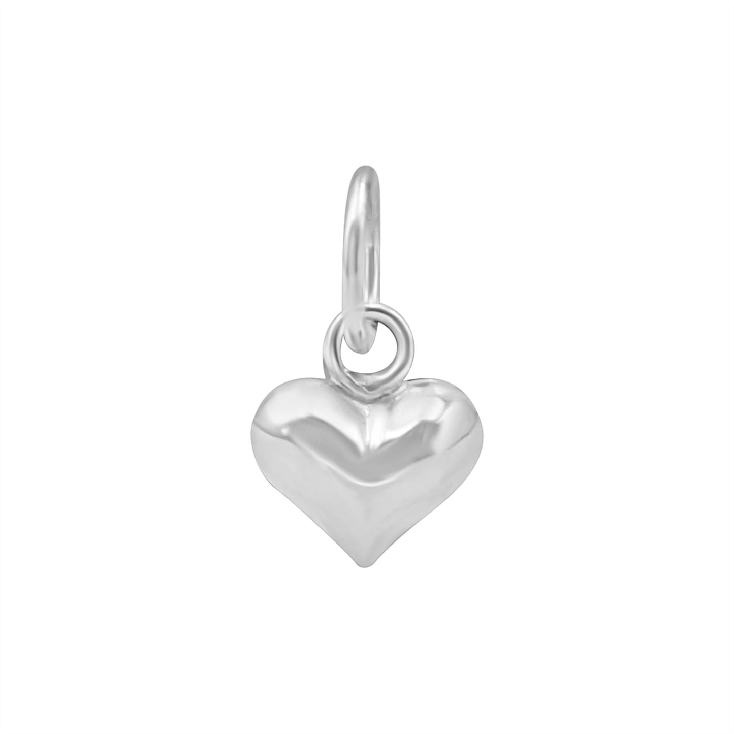 A small sterling silver puffed heart-shaped pendant with a ring on top for attaching to jewelry.