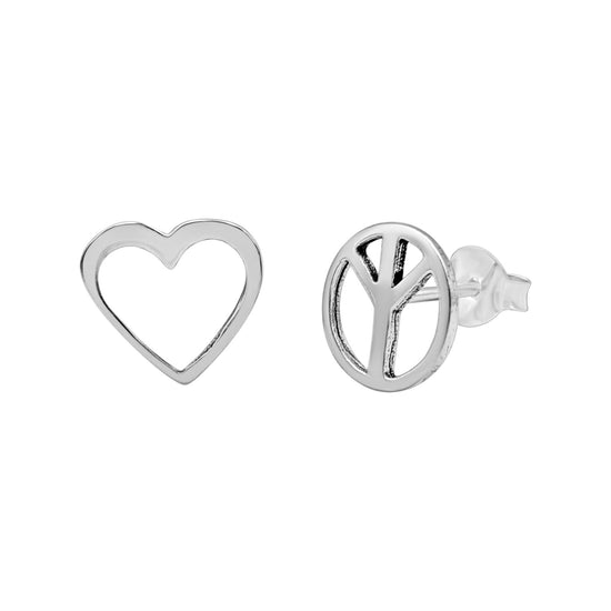 Sterling Silver Mismatched Earrings - Open Heart and Peace Symbol Studs