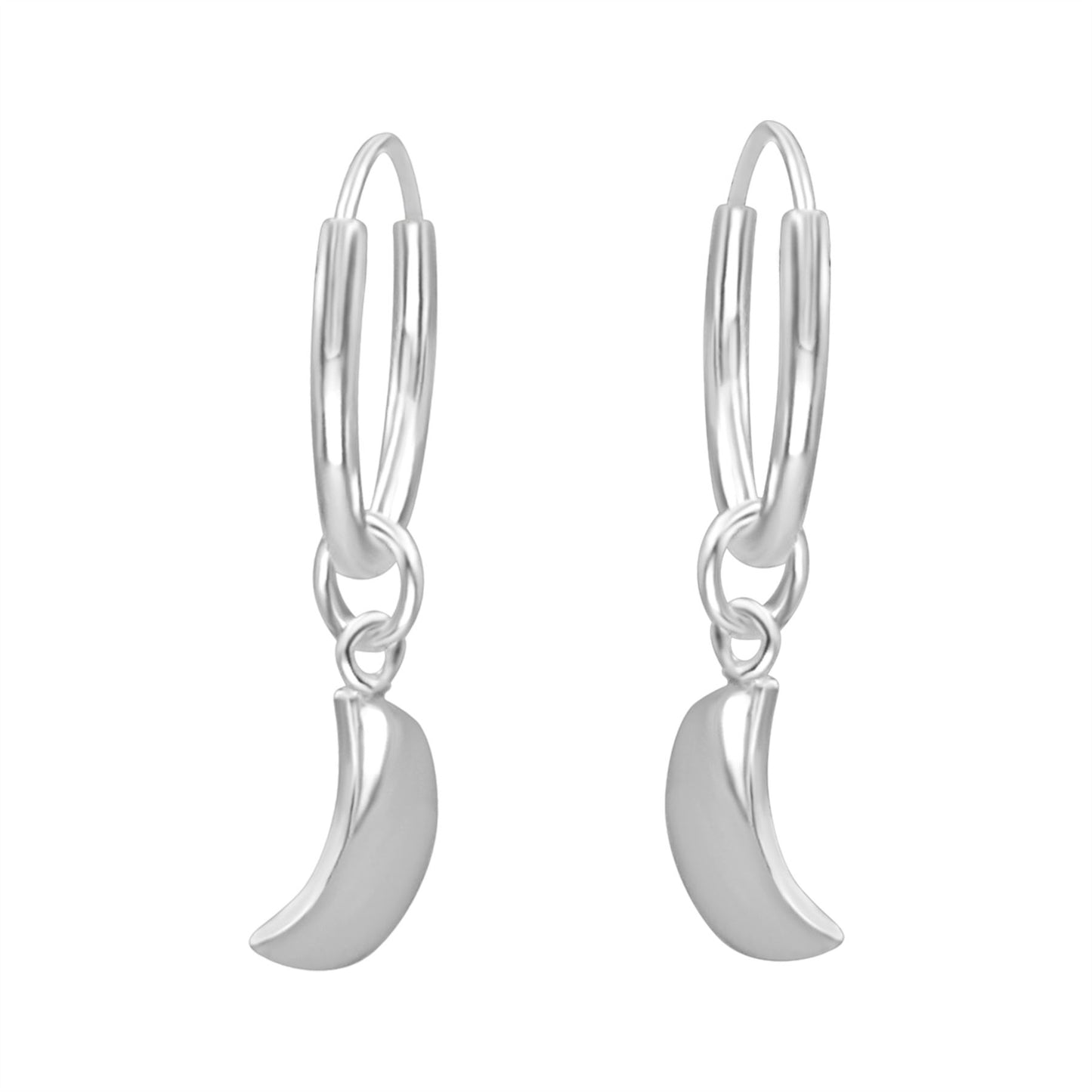 A pair of sterling silver crescent moon sleeper hoop earrings with a flat crescent moon charm attached to small round tube hoops, displayed against a white background.
