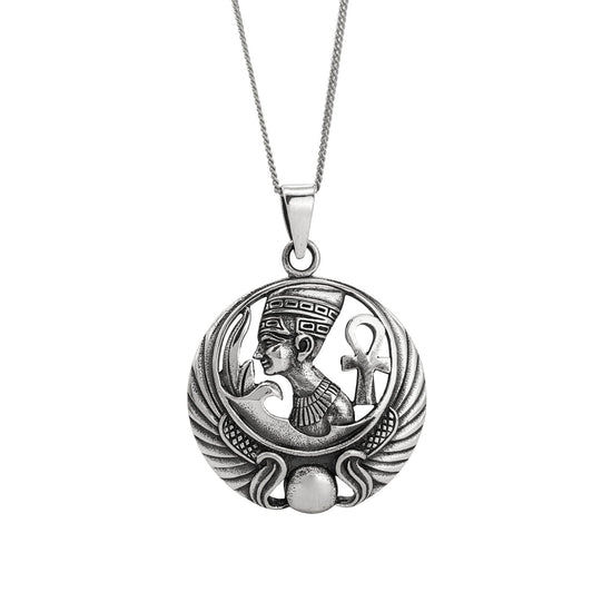 Sterling Silver Large Queen Nefertiti Medallion Necklace - Winged Scarab Pendant