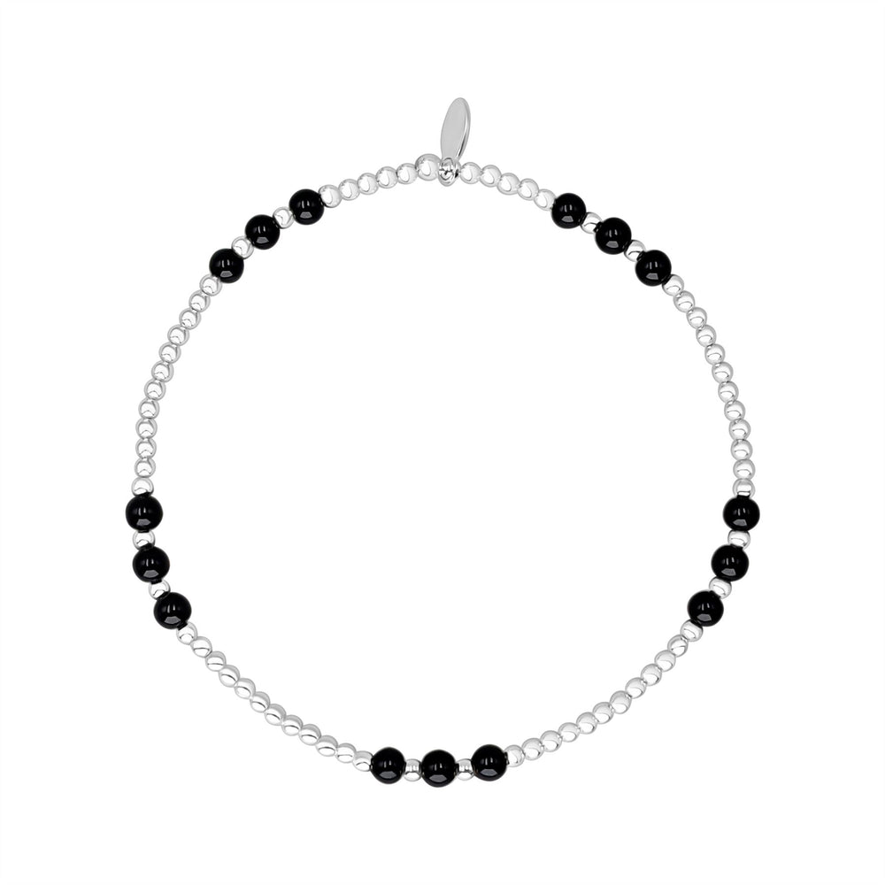 925 Sterling Silver Onyx Stretch Bracelet - Black Beaded Design