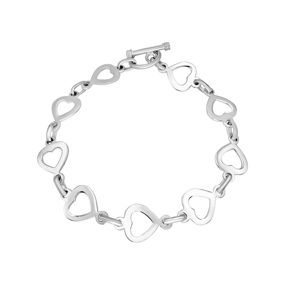 Sterling Silver Chunky Open Heart Link Chain Bracelet with T-Bar Clasp