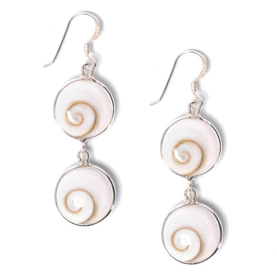 Sterling Silver Round Shiva Eye Shell Dangle Earrings - Double Circle