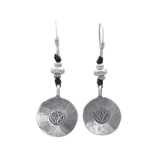 Hill Tribe Silver Lotus Engraved Disc Dangle Earrings - Beaded Design