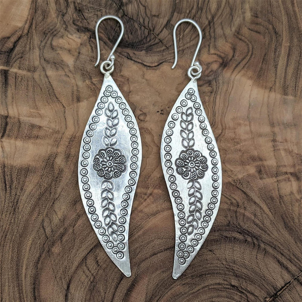 
                  
                    Karen Hill Tribe Silver Flower Motif Leaf Shaped Drop Earrings
                  
                