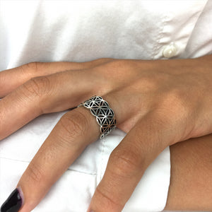 
                  
                    Sterling Silver Flower Of Life Geometric Open Band Ring
                  
                