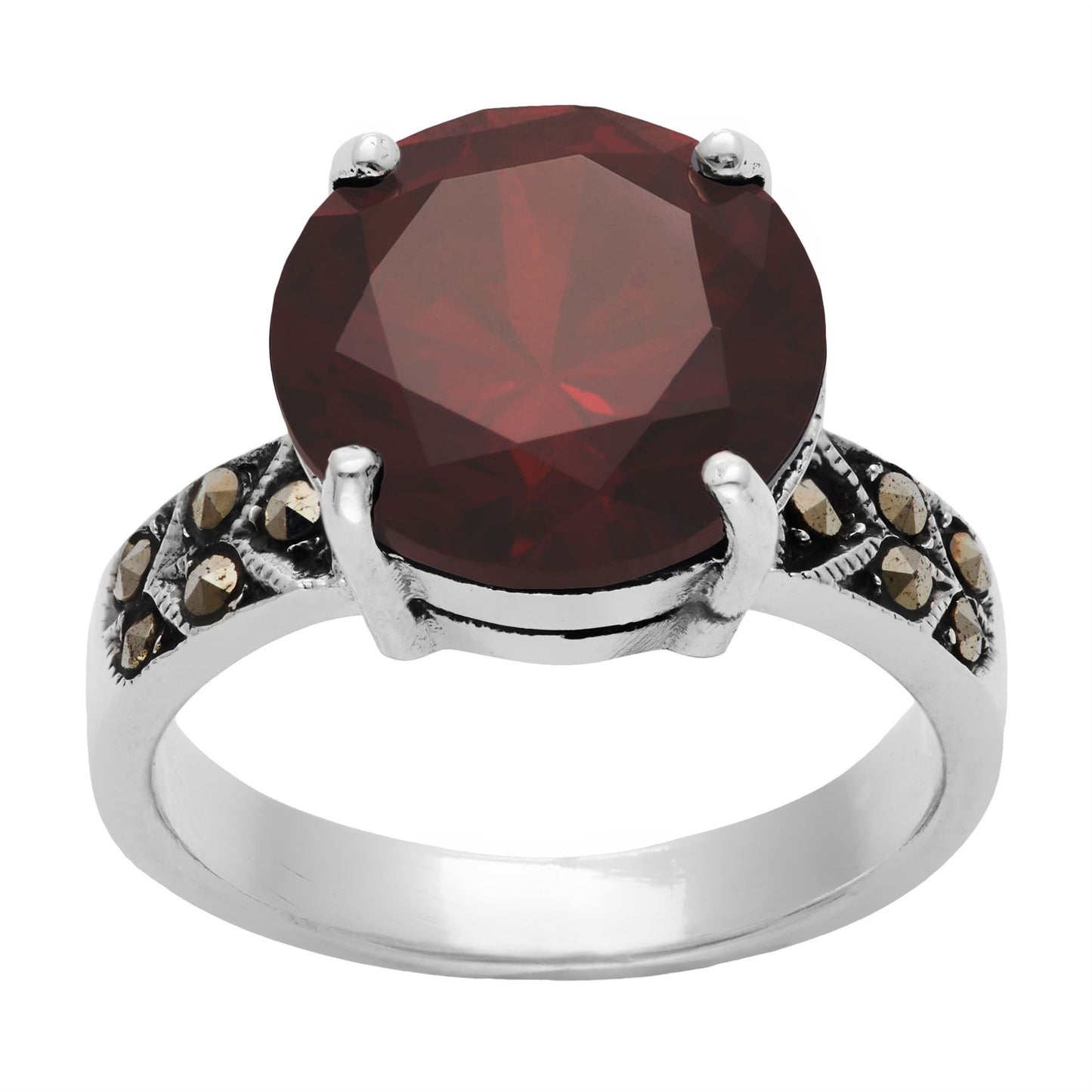 
                  
                    Sterling Silver Marcasite Solitaire Red Round CZ Ring
                  
                