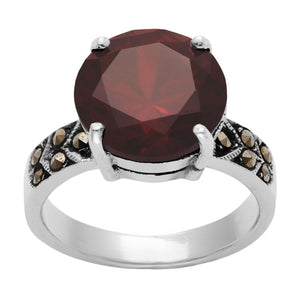 
                  
                    Sterling Silver Marcasite Solitaire Red Round CZ Ring
                  
                