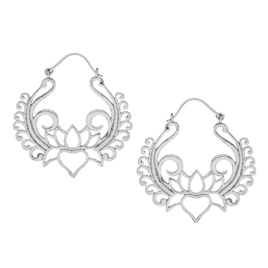 Sterling Silver Lotus Flower Hoop Earrings - Large Filigree Hoops