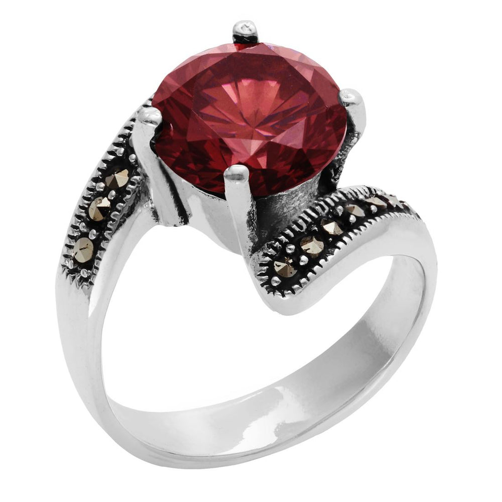 Sterling Silver Black Marcasite Red CZ Round Cut Bypass Ring
