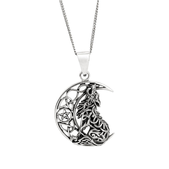 Sterling Silver Crescent Moon and Wolf Pendant - Celtic Knot Necklace