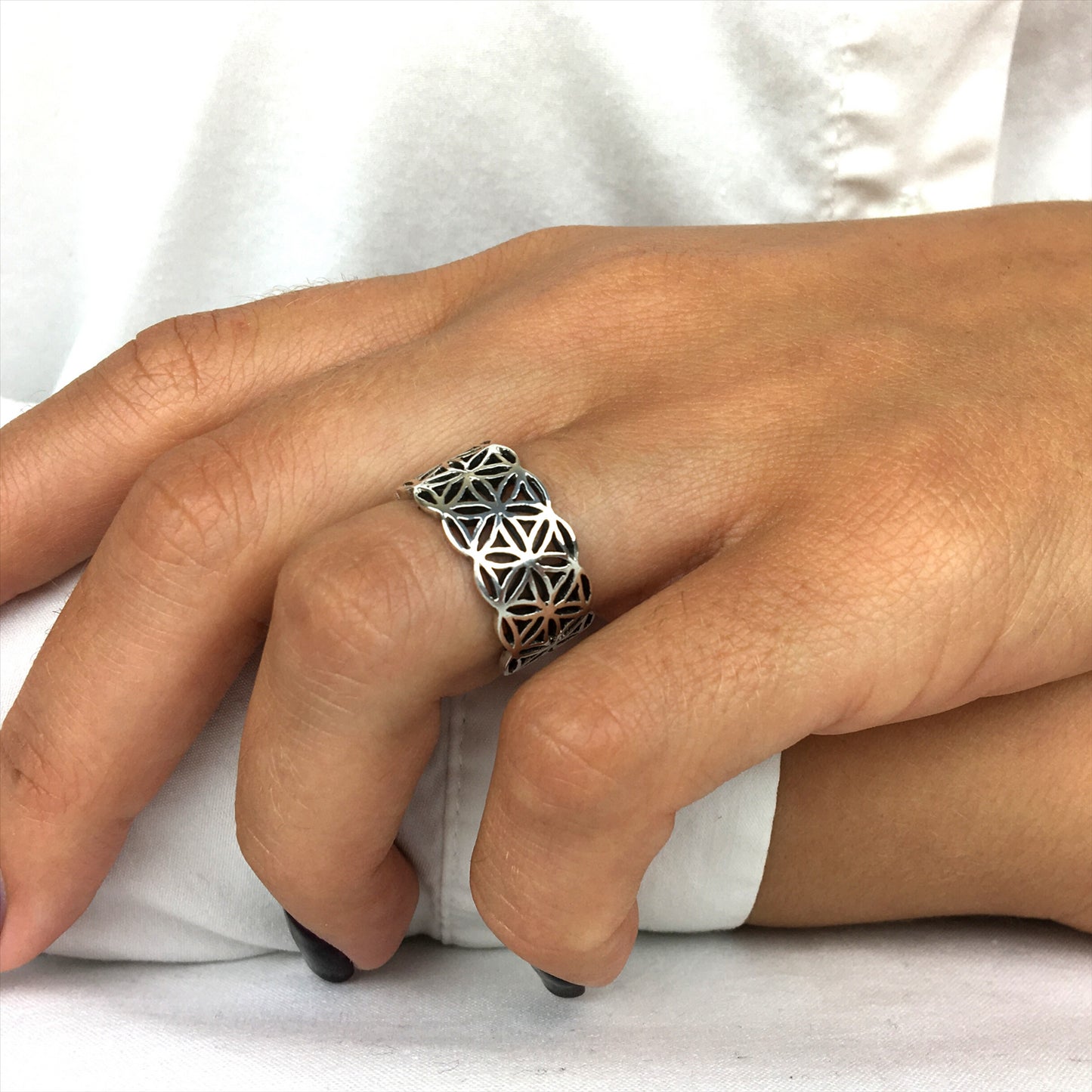 
                  
                    Sterling Silver Flower Of Life Geometric Open Band Ring
                  
                
