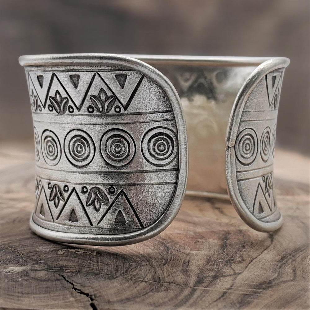 
                  
                    Hill Tribe Silver Wide Tribal Pattern Boho Concave Cuff Bangle
                  
                