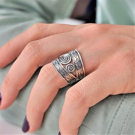 Hill Tribe Silver Triple Spiral Ring - Adjustable Wide Tribal Band