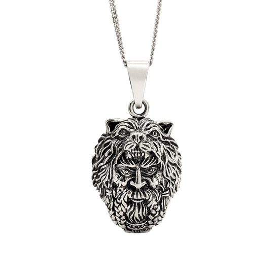 Sterling Silver Detailed Odin Wolf Head Pendant - Norse God Necklace