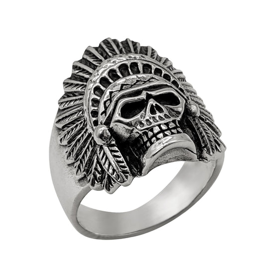 Sterling Silver Native American Chief Skull Ring - Chunky Biker Style