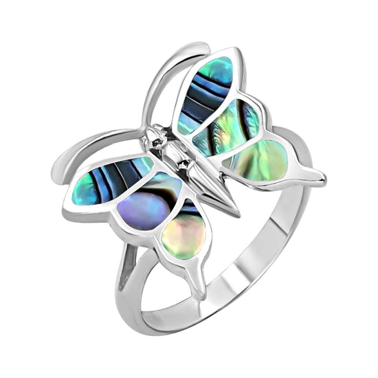 Sterling Silver Abalone Shell Butterfly Ring - Statement Band Design