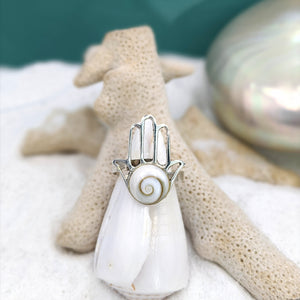 
                  
                    Sterling Silver Shiva Eye Shell Cut-Out Fatima Hand Adjustable Ring
                  
                