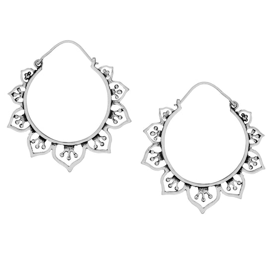 Sterling Silver Lotus Flower Hoop Earrings - Large Mandala Hoops