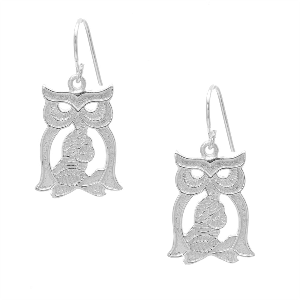 
                  
                    Satin Sterling Silver Retro Wise Owl Dangle Earrings
                  
                