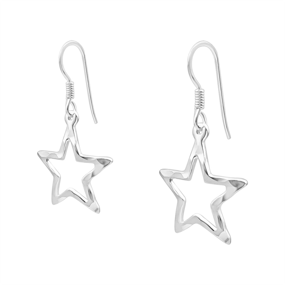 Sterling Silver Hammered Open Star Dangle Earrings - Celestial Design