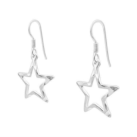 Sterling Silver Hammered Open Star Dangle Earrings - Celestial Design