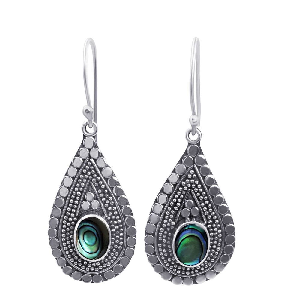 Sterling Silver Teardrop Abalone Shell Dotwork Boho Dangle Earrings