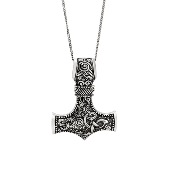 Sterling Silver Heavy Thor's Hammer Pendant - Viking Knotwork Necklace