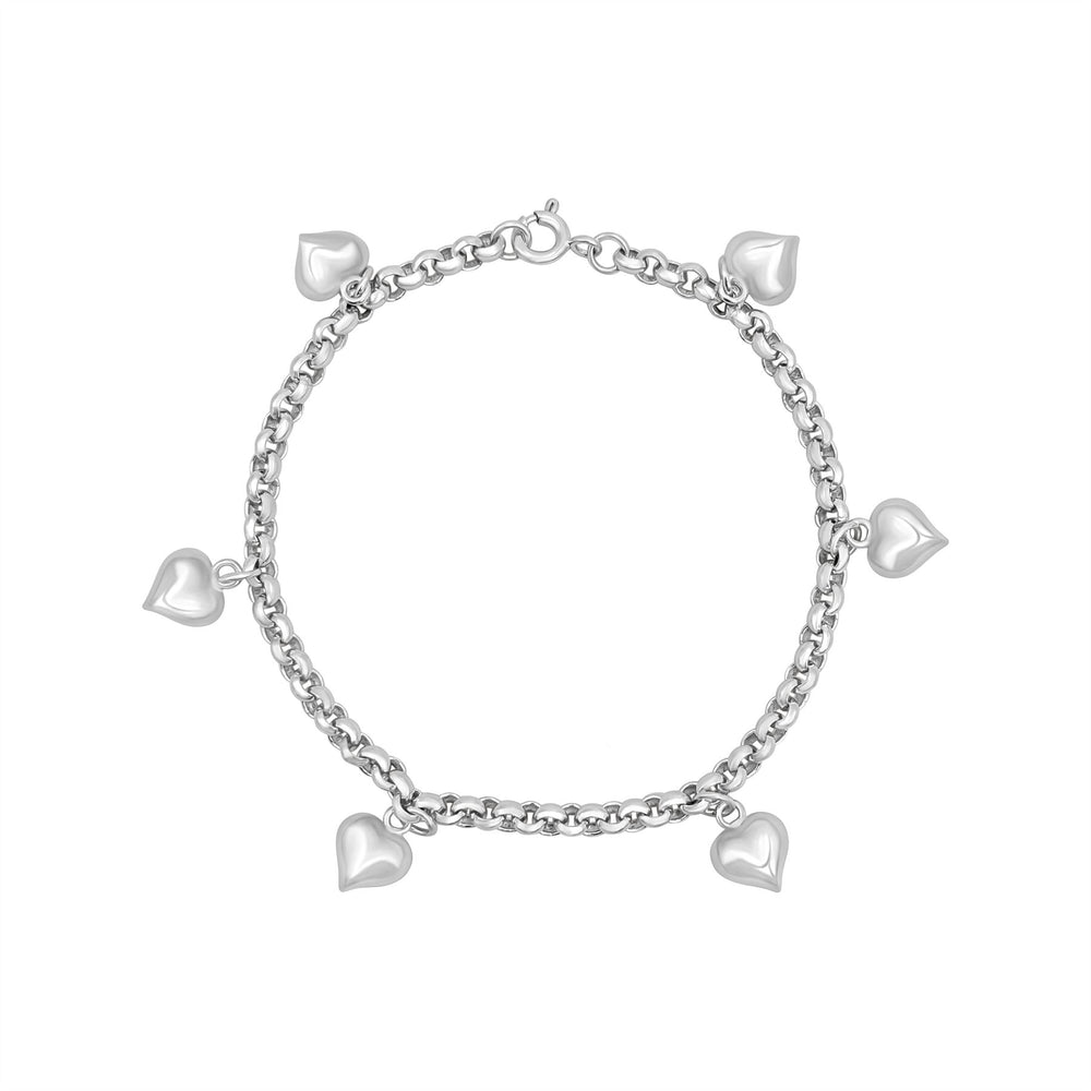 Sterling Silver Chunky Rolo Chain Puffed Heart Charm Bracelet